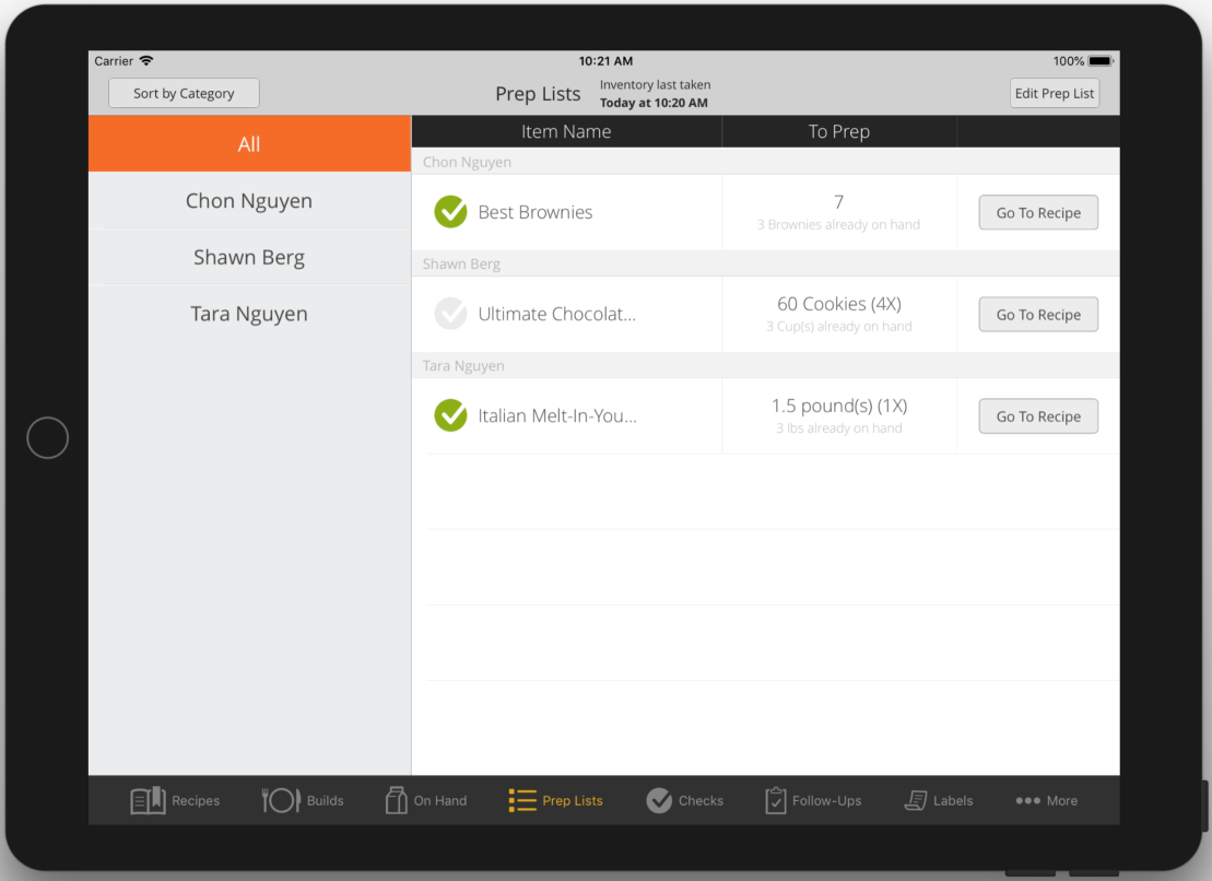 Prep Lists screen sorted by team member with progress checkmarks