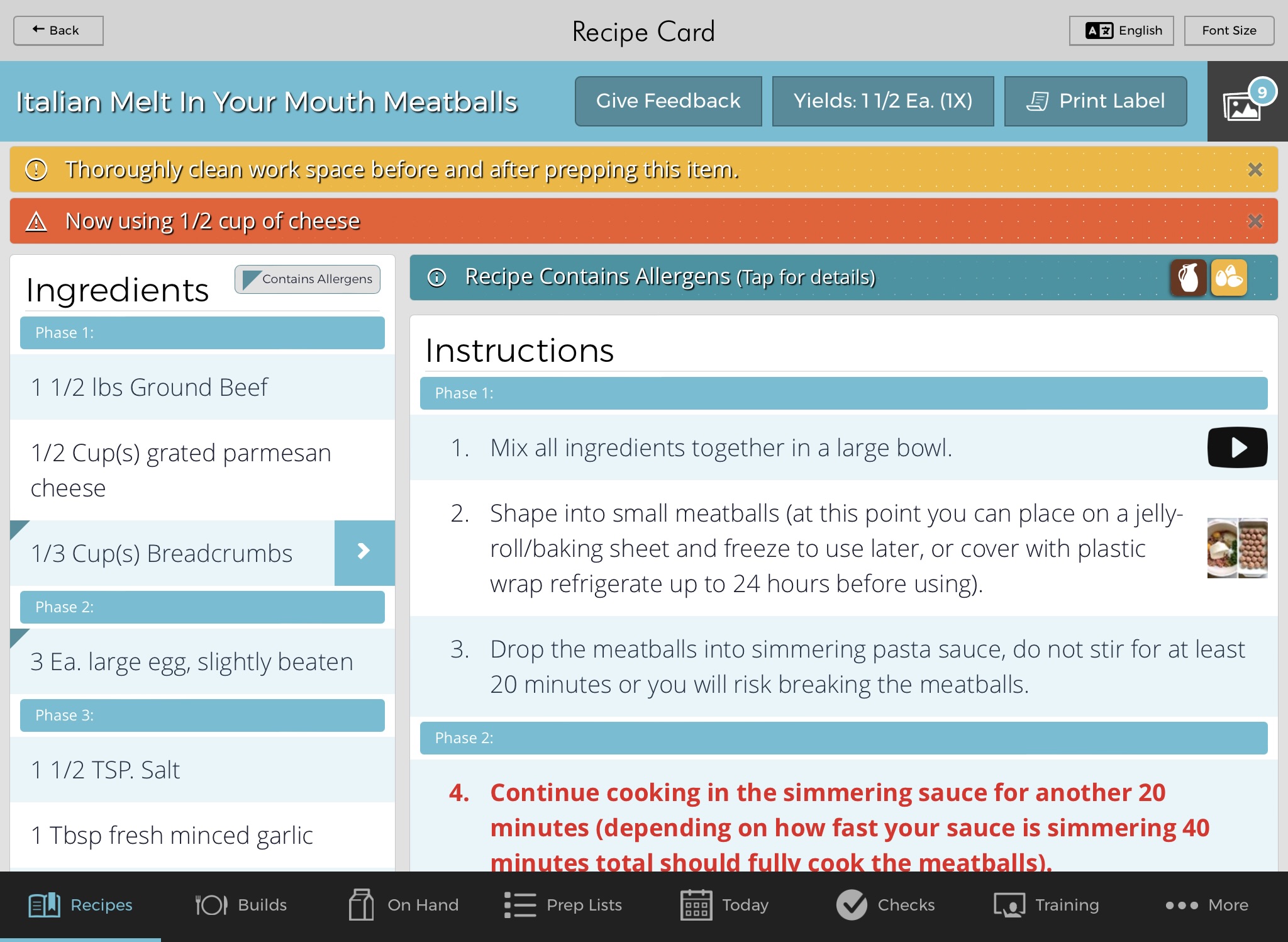 FusionPrep recipe detail showing allergen tags — milk, eggs, wheat, soy — prominently displayed near the top of the recipe card
