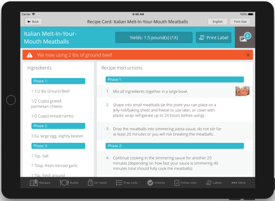 FusionPrep recipe detail showing a red change banner at the top and phase-grouped ingredients