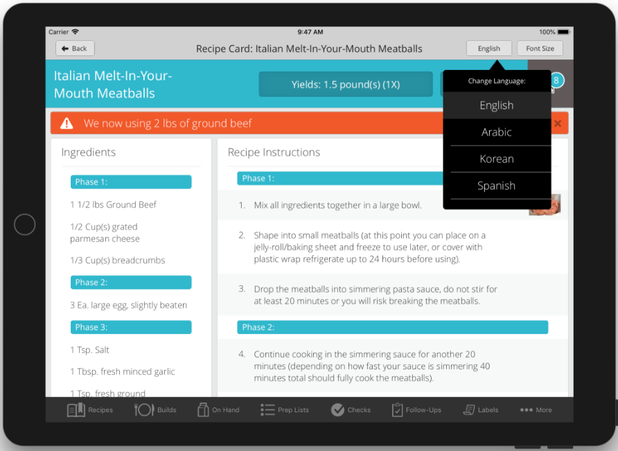 Recipe with language switcher open, showing English, Arabic, Korean, Spanish options