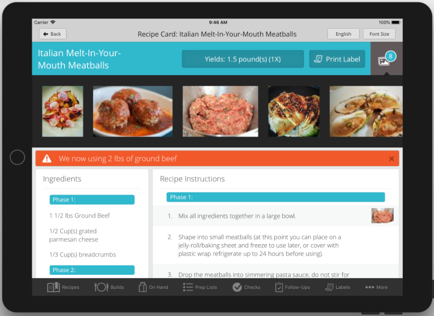 Recipe with a photo carousel at the top showing meatball preparation progression